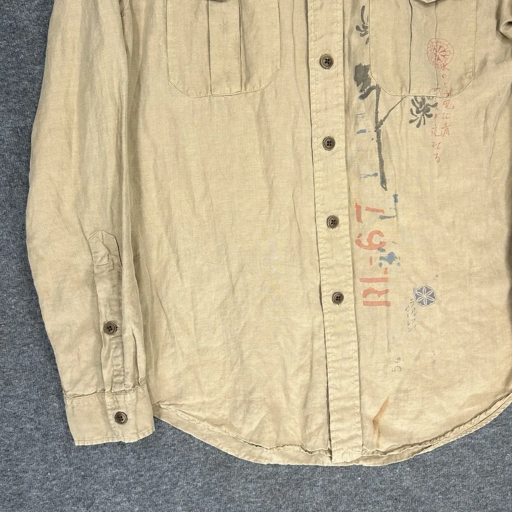 Vintage Polo Ralph Lauren Shirt Mens M Tan Asian Chinese Theme Silk Linen